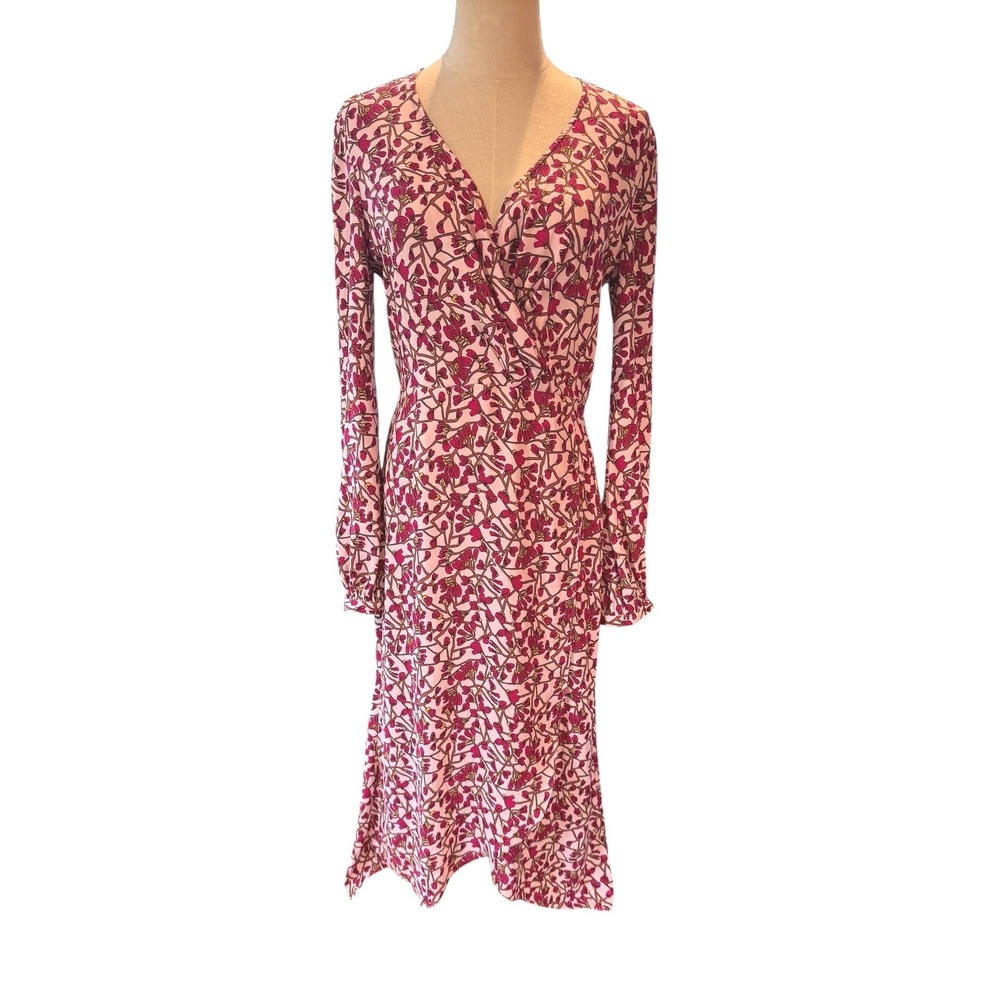 Jay‎ Godfrey Womens Pink Floral Long Sleeve Faux Wrap Midi Dress Size 8